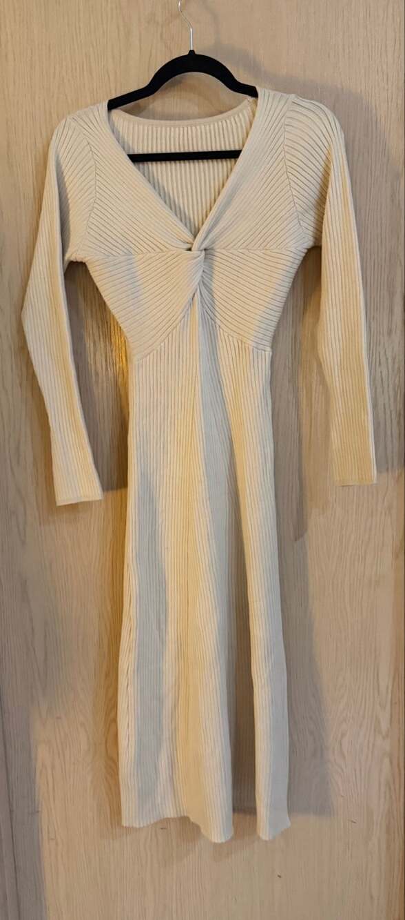 Cream Ribbed Knit Twist Front Midi Dress Small Long Sleeve